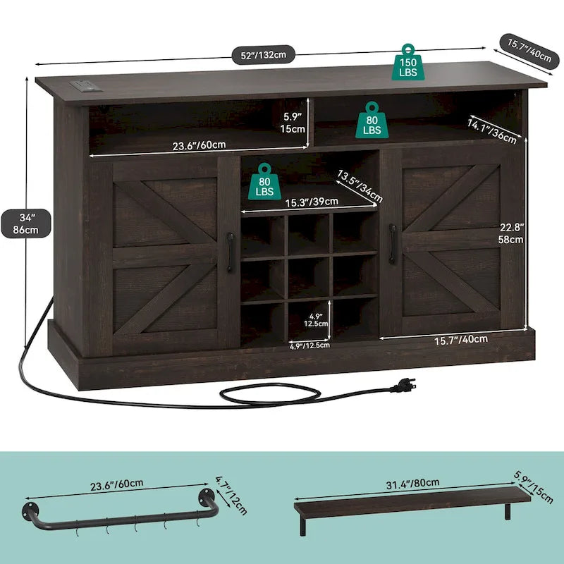 Liquor Bar Cabinet All-In-One Wine Sideboard Floating Storage w/ Bottle Rack