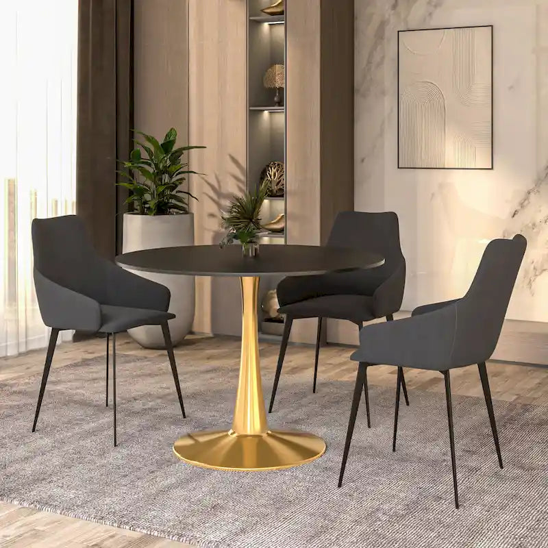 LeisureMod Bristol 40 Round Dining Table for 4 with MDF Tabletop in Gold Steel Base for Kitchen &amp; Dining Room