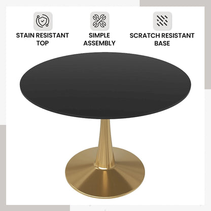 LeisureMod Bristol 40 Round Dining Table for 4 with MDF Tabletop in Gold Steel Base for Kitchen &amp; Dining Room