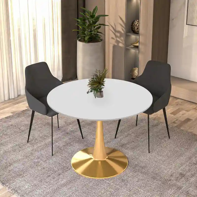 LeisureMod Bristol 40 Round Dining Table for 4 with MDF Tabletop in Gold Steel Base for Kitchen &amp; Dining Room