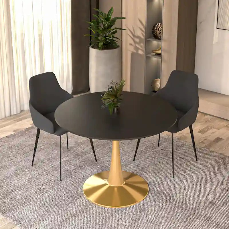 LeisureMod Bristol 40 Round Dining Table for 4 with MDF Tabletop in Gold Steel Base for Kitchen &amp; Dining Room