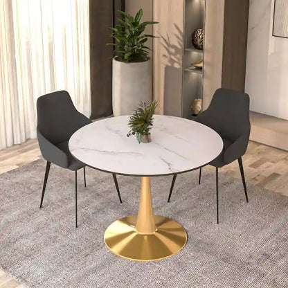 LeisureMod Bristol 40 Round Dining Table for 4 with MDF Tabletop in Gold Steel Base for Kitchen &amp; Dining Room