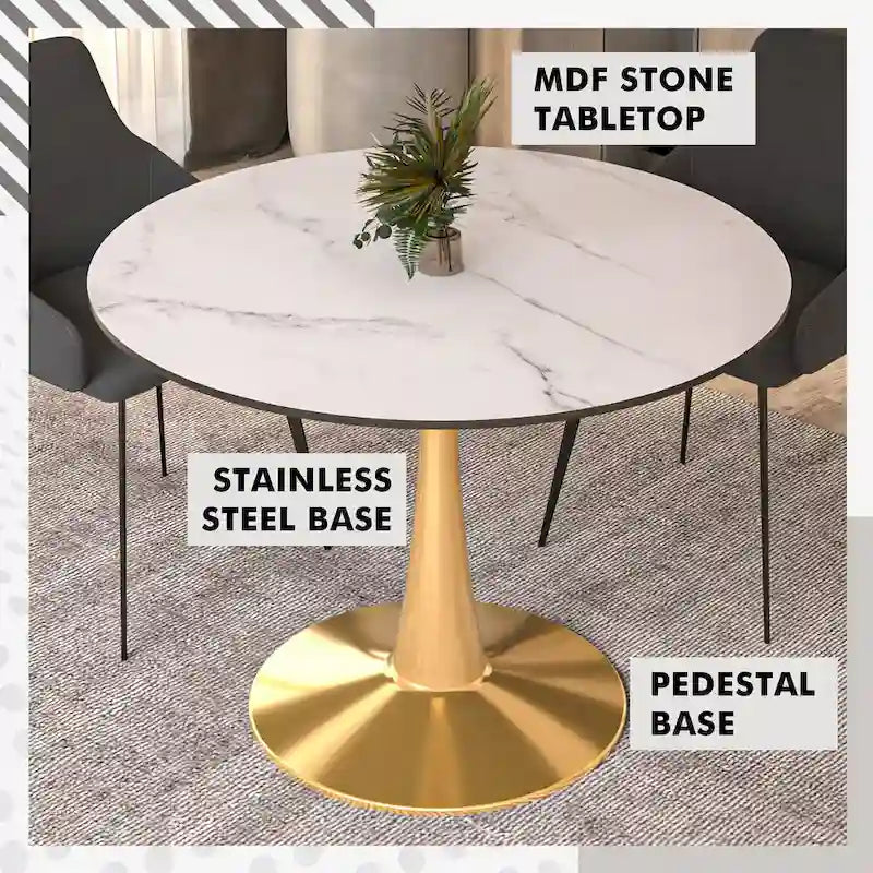 LeisureMod Bristol 40 Round Dining Table for 4 with MDF Tabletop in Gold Steel Base for Kitchen &amp; Dining Room