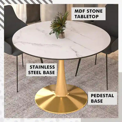 LeisureMod Bristol 40 Round Dining Table for 4 with MDF Tabletop in Gold Steel Base for Kitchen &amp; Dining Room