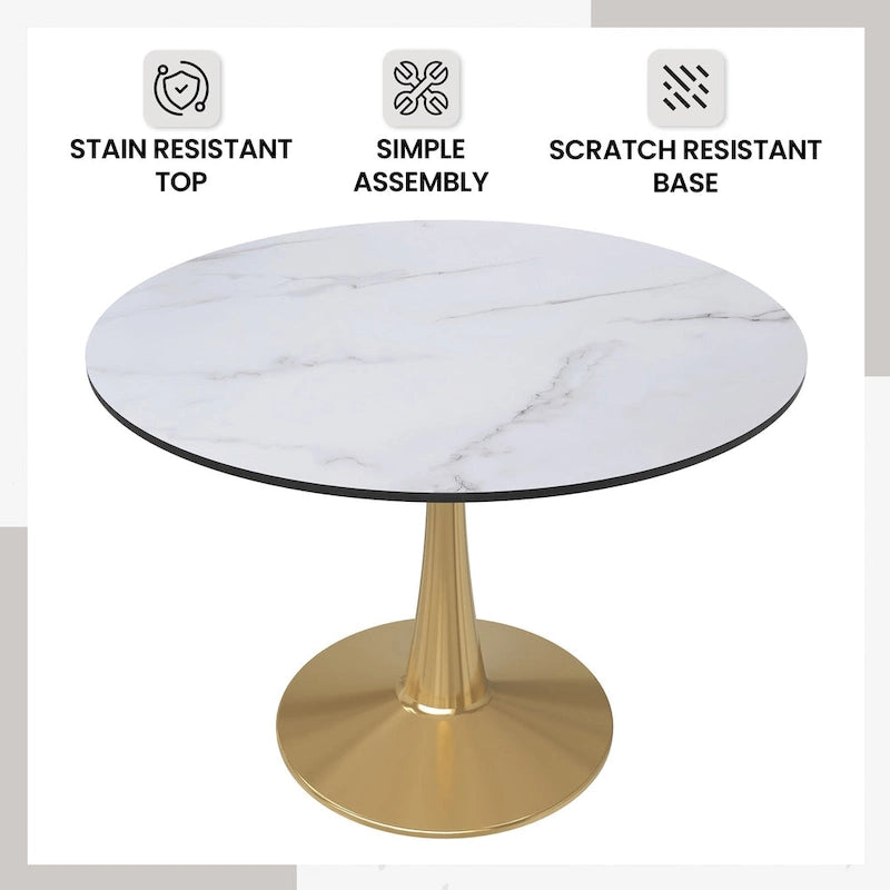 LeisureMod Bristol 40 Round Dining Table for 4 with MDF Tabletop in Gold Steel Base for Kitchen &amp; Dining Room