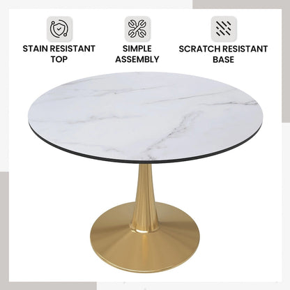 LeisureMod Bristol 40 Round Dining Table for 4 with MDF Tabletop in Gold Steel Base for Kitchen &amp; Dining Room
