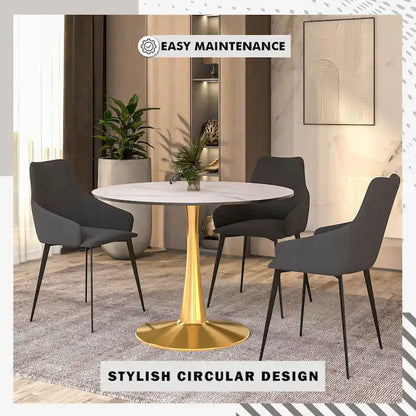 LeisureMod Bristol 40 Round Dining Table for 4 with MDF Tabletop in Gold Steel Base for Kitchen &amp; Dining Room