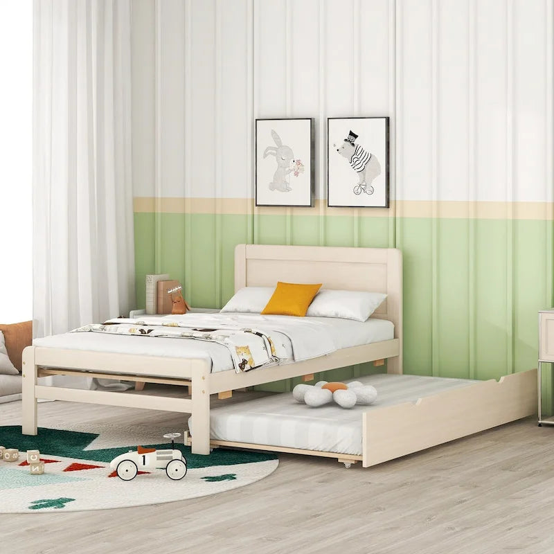 Contemporary Twin Platform Bed Frame with Trundle - Durable Rubberwood, Plywood, MDF Construction