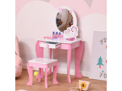 Unicorn-themed children's dressing table - stool included - dimensions: 49L x 34W x 90H cm - mirrored drawer - MDF - pink and white 46159VDES