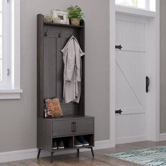 RiverRidge Woodbury Hall Tree with Entryway Bench, Shoe Storage, Coat Hooks & Cubby Storage - Weathered Woodgrain