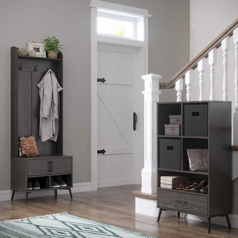 RiverRidge Woodbury Hall Tree with Entryway Bench, Shoe Storage, Coat Hooks &amp; Cubby Storage - Weathered Woodgrain
