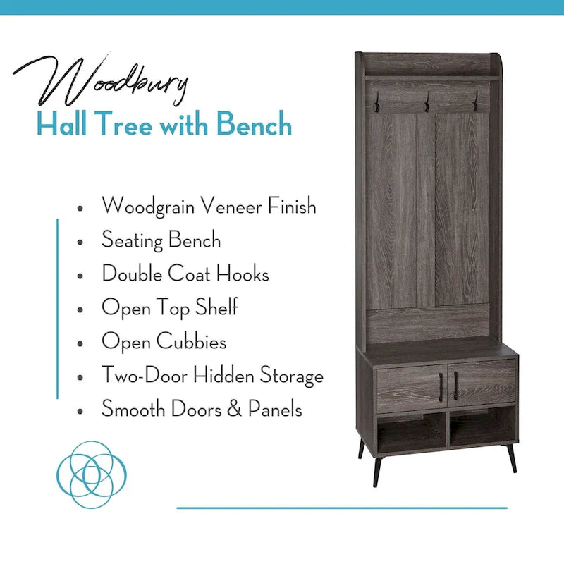 RiverRidge Woodbury Hall Tree with Entryway Bench, Shoe Storage, Coat Hooks &amp; Cubby Storage - Weathered Woodgrain