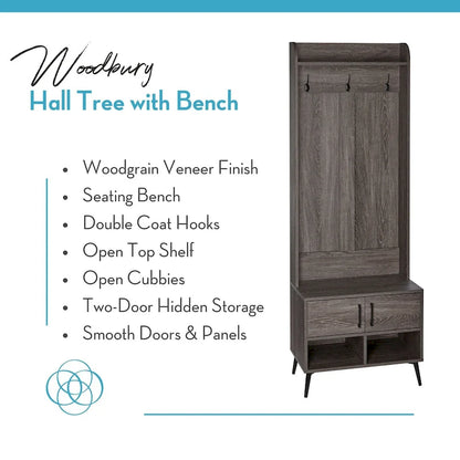 RiverRidge Woodbury Hall Tree with Entryway Bench, Shoe Storage, Coat Hooks &amp; Cubby Storage - Weathered Woodgrain