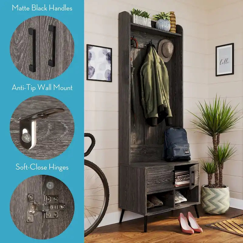 RiverRidge Woodbury Hall Tree with Entryway Bench, Shoe Storage, Coat Hooks &amp; Cubby Storage - Weathered Woodgrain