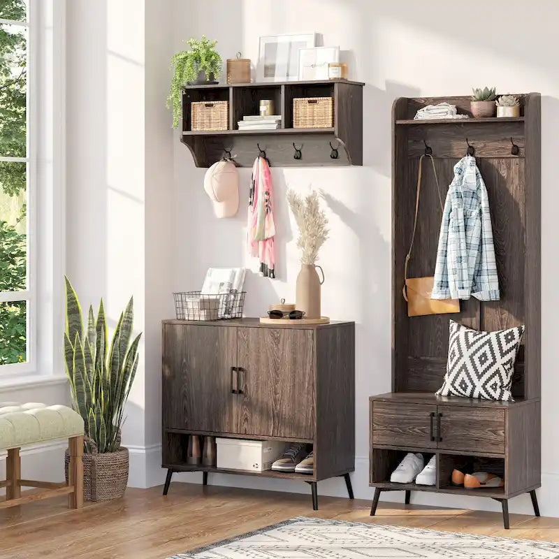 RiverRidge Woodbury Hall Tree with Entryway Bench, Shoe Storage, Coat Hooks &amp; Cubby Storage - Weathered Woodgrain