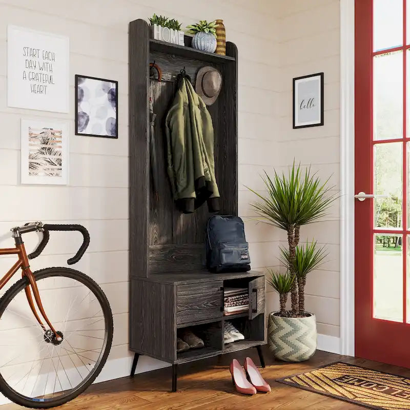 RiverRidge Woodbury Hall Tree with Entryway Bench, Shoe Storage, Coat Hooks &amp; Cubby Storage - Weathered Woodgrain