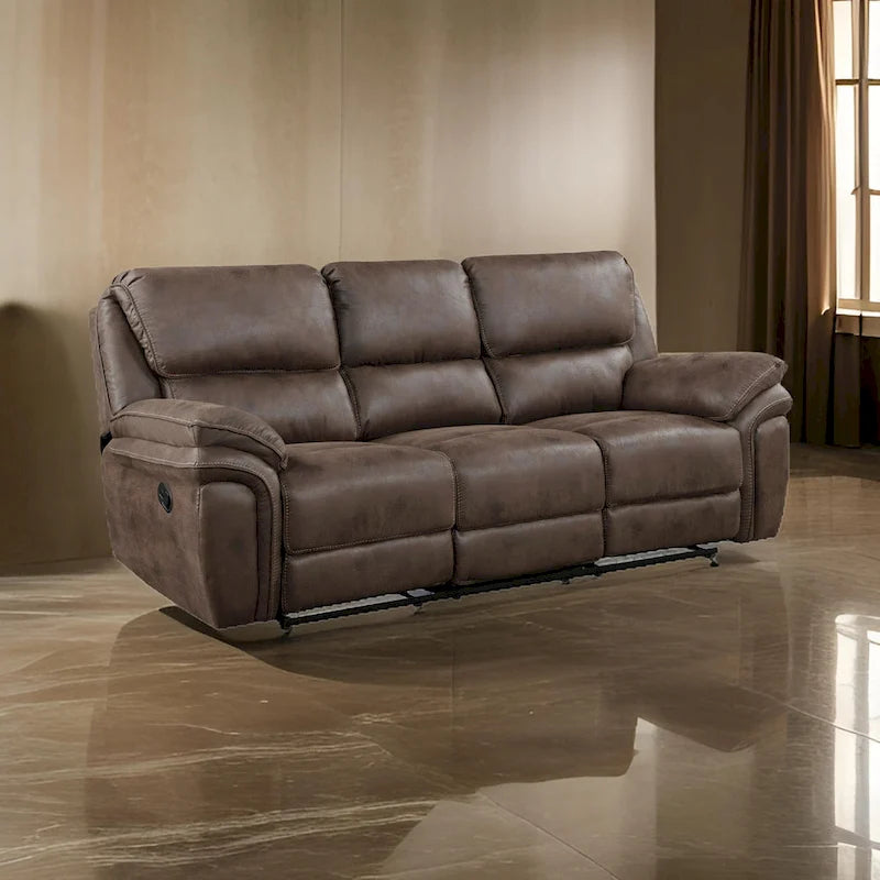 Tony 90 Inch Double Manual Recliner Sofa, Brown Microfiber, Solid Wood