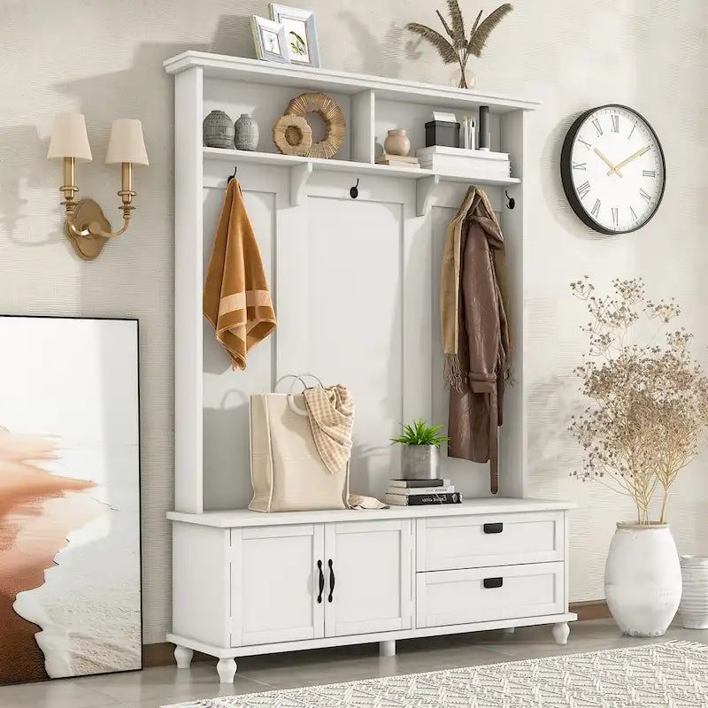 Modern Style Hall Tree with Storage Cabinet and 2 Large Drawers,Widen Mudroom Bench with 5 Coat Hooks