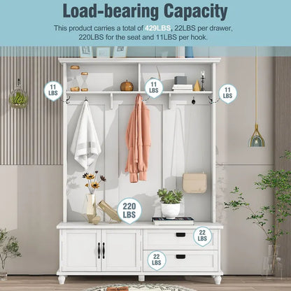 Modern Style Hall Tree with Storage Cabinet and 2 Large Drawers,Widen Mudroom Bench with 5 Coat Hooks