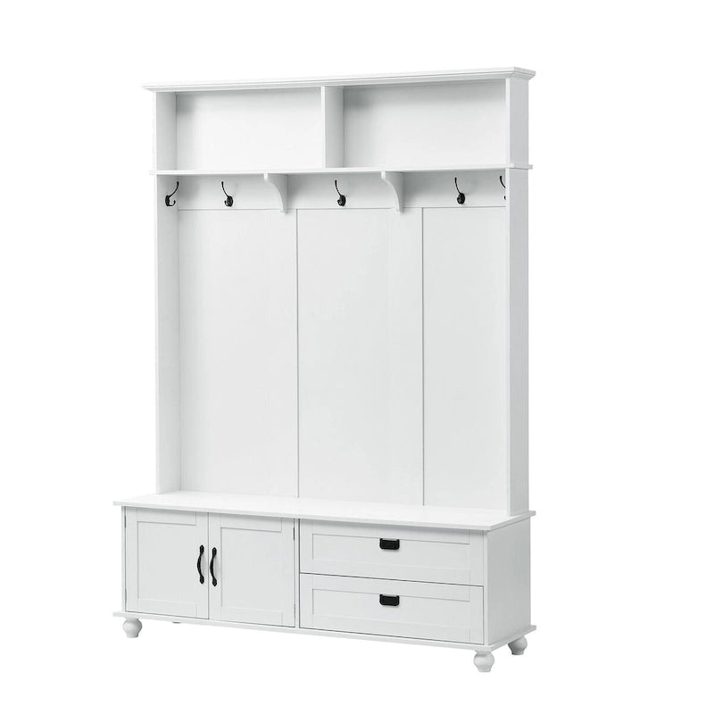 Modern Style Hall Tree with Storage Cabinet and 2 Large Drawers,Widen Mudroom Bench with 5 Coat Hooks