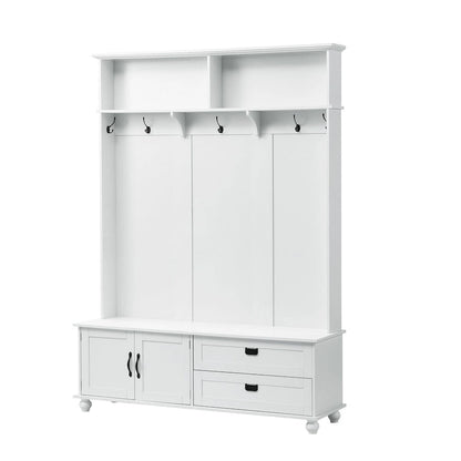 Modern Style Hall Tree with Storage Cabinet and 2 Large Drawers,Widen Mudroom Bench with 5 Coat Hooks