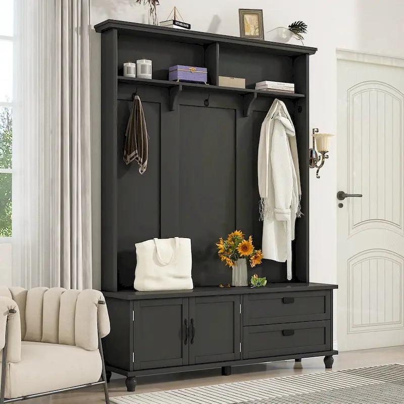 Modern Style Hall Tree with Storage Cabinet and 2 Large Drawers,Widen Mudroom Bench with 5 Coat Hooks