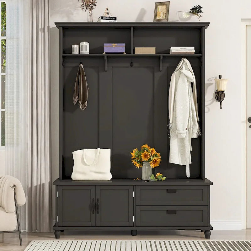 Modern Style Hall Tree with Storage Cabinet and 2 Large Drawers,Widen Mudroom Bench with 5 Coat Hooks
