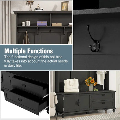Modern Style Hall Tree with Storage Cabinet and 2 Large Drawers,Widen Mudroom Bench with 5 Coat Hooks