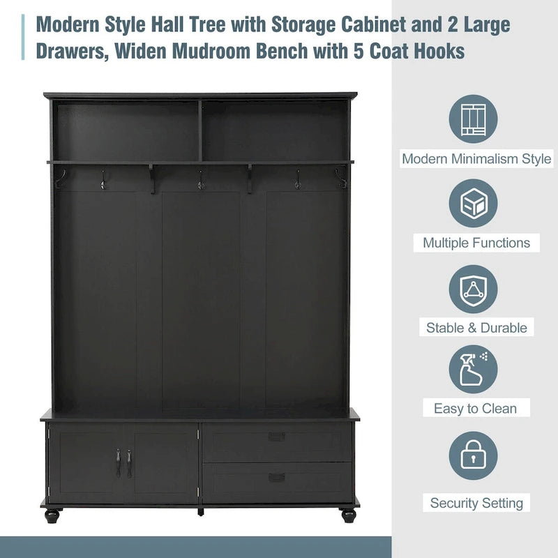Modern Style Hall Tree with Storage Cabinet and 2 Large Drawers,Widen Mudroom Bench with 5 Coat Hooks