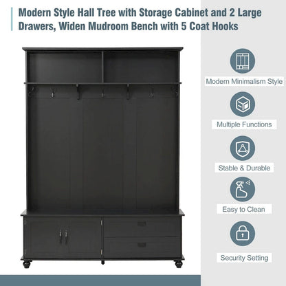 Modern Style Hall Tree with Storage Cabinet and 2 Large Drawers,Widen Mudroom Bench with 5 Coat Hooks