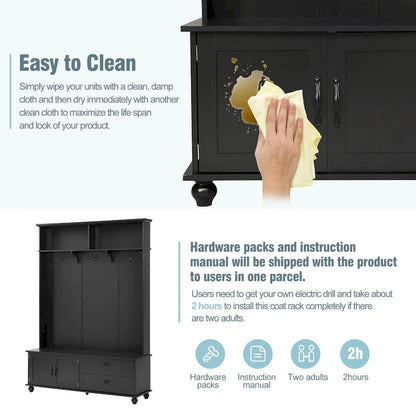 Modern Style Hall Tree with Storage Cabinet and 2 Large Drawers,Widen Mudroom Bench with 5 Coat Hooks