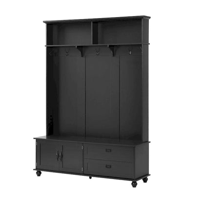 Modern Style Hall Tree with Storage Cabinet and 2 Large Drawers,Widen Mudroom Bench with 5 Coat Hooks