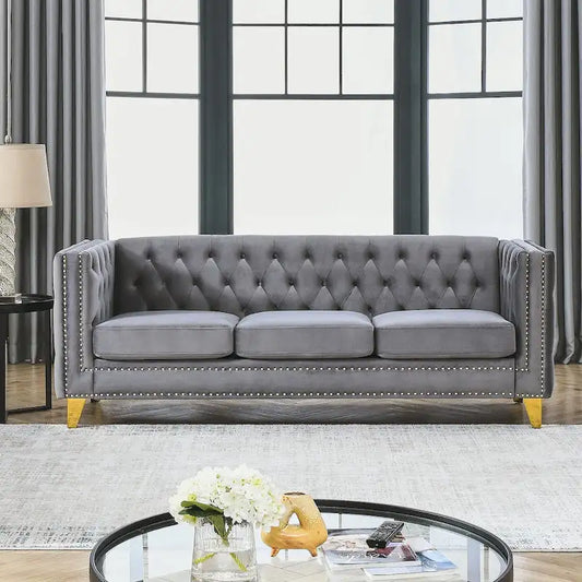 Velvet Sofa for Living Room,Buttons Tufted Square Arm Couch, Modern Couch Upholstered Button and Metal Legs