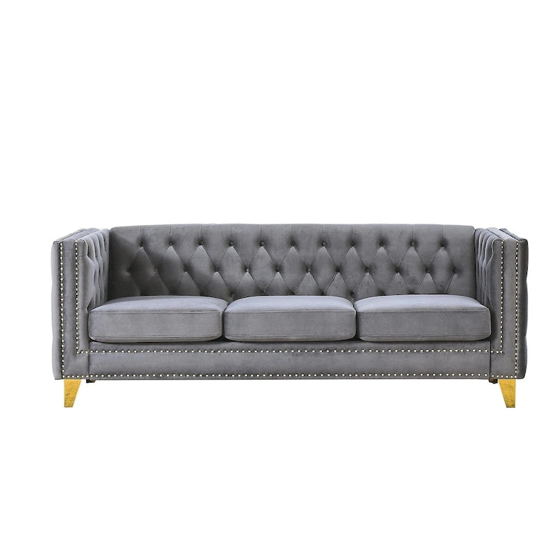 Velvet Sofa for Living Room,Buttons Tufted Square Arm Couch, Modern Couch Upholstered Button and Metal Legs