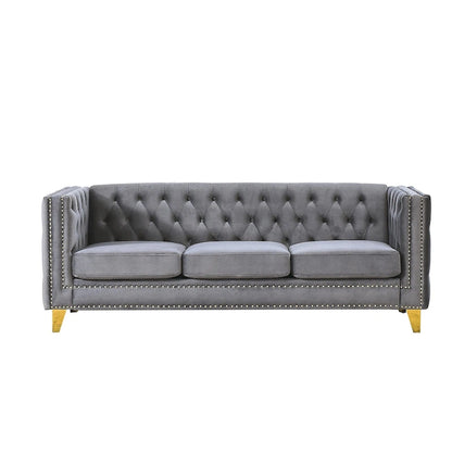Velvet Sofa for Living Room,Buttons Tufted Square Arm Couch, Modern Couch Upholstered Button and Metal Legs