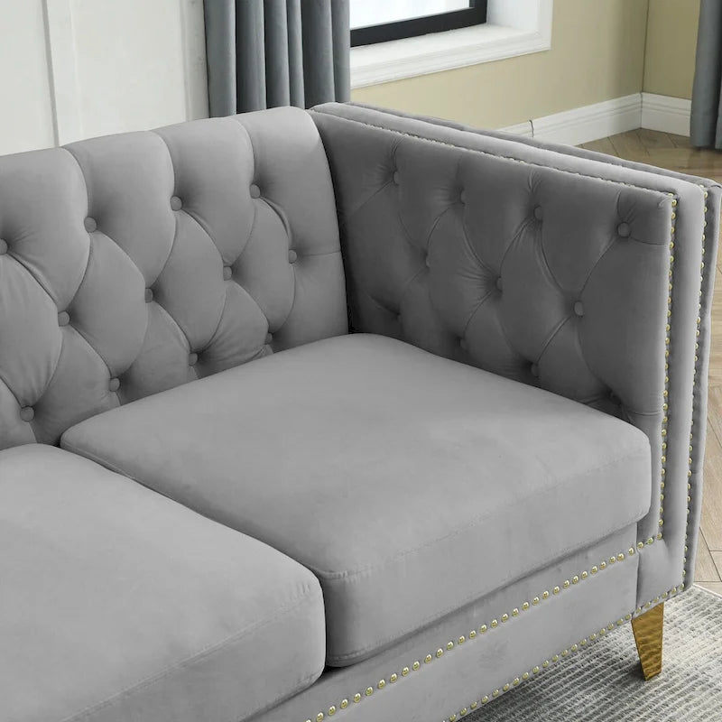 Velvet Sofa for Living Room,Buttons Tufted Square Arm Couch, Modern Couch Upholstered Button and Metal Legs