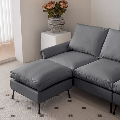 Modern 104.5 L-Shaped Sofa with Technical Leather Upholstery and Convertible Ottoman, Dark Gray