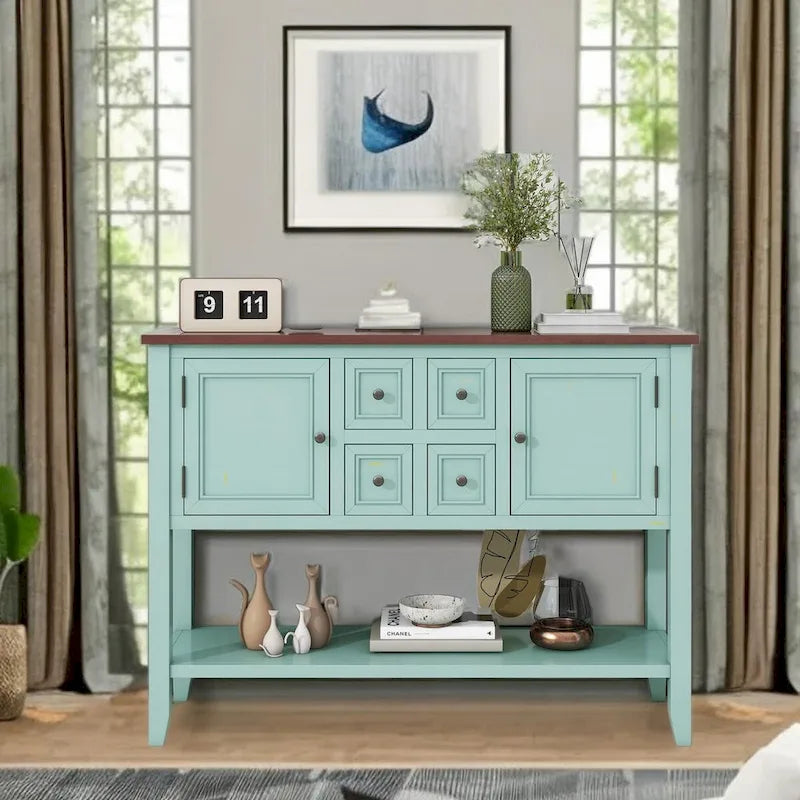 Vintage Console Table with Drawers and Cabinets, Retro Sofa Table for Entryway, Living Room and Hallway
