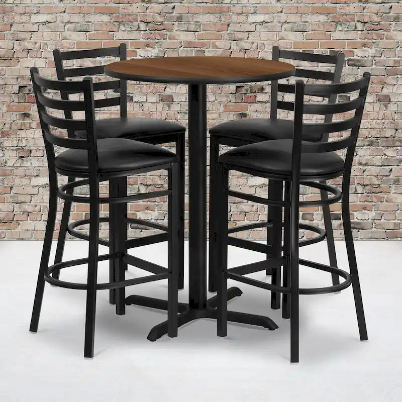 30 Round Laminate Table Set with X-Base and 4 Ladder Back Metal Barstools