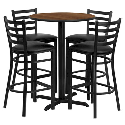 30 Round Laminate Table Set with X-Base and 4 Ladder Back Metal Barstools