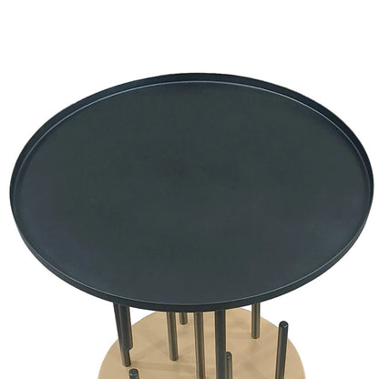 Neci 20 Inch Side End Table, Round Matte Black Tray Top, Modern Rod Supports with Brass Base