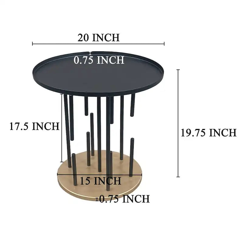 Neci 20 Inch Side End Table, Round Matte Black Tray Top, Modern Rod Supports with Brass Base