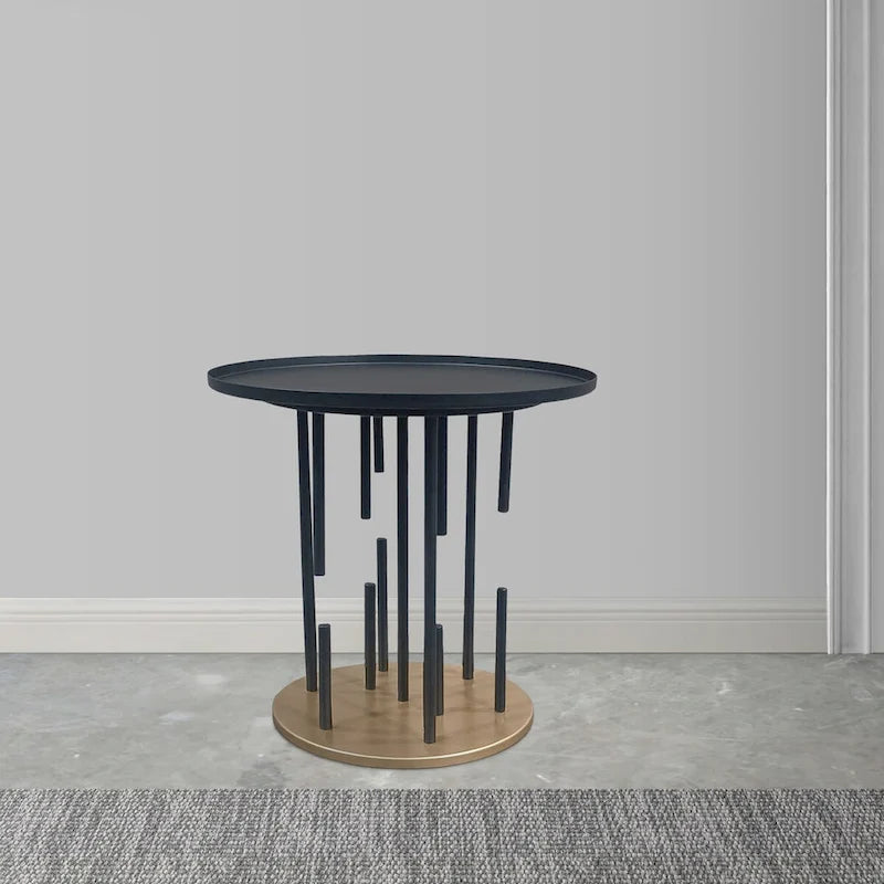 Neci 20 Inch Side End Table, Round Matte Black Tray Top, Modern Rod Supports with Brass Base