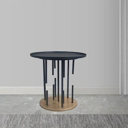 Neci 20 Inch Side End Table, Round Matte Black Tray Top, Modern Rod Supports with Brass Base
