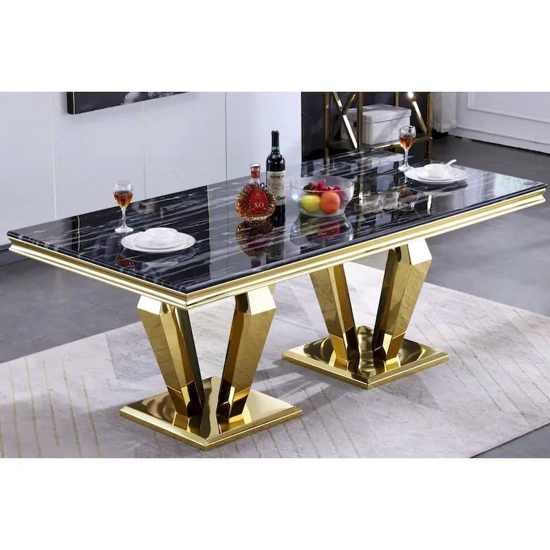 Luxury 78 inch Rectangular Dining Room Table with Double Geometric Pedestal