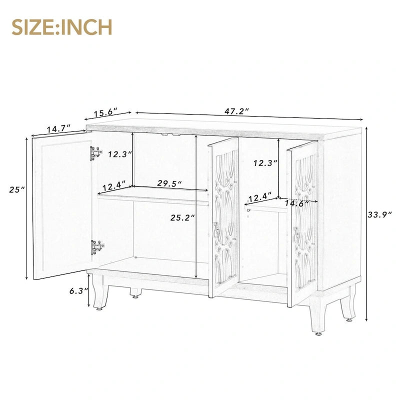 Sideboard Buffet Cabinet with 3 Mirrored Glass Doors and Silver Handle - 47.2L x 15.6W x 33.9H