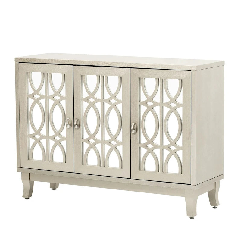 Sideboard Buffet Cabinet with 3 Mirrored Glass Doors and Silver Handle - 47.2L x 15.6W x 33.9H