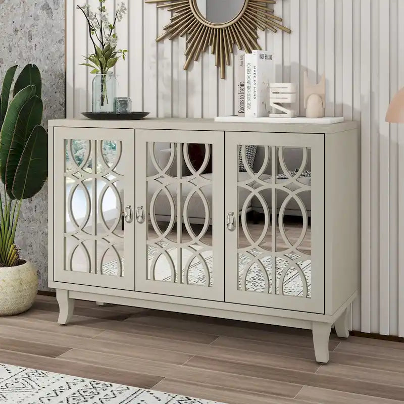 Sideboard Buffet Cabinet with 3 Mirrored Glass Doors and Silver Handle - 47.2L x 15.6W x 33.9H