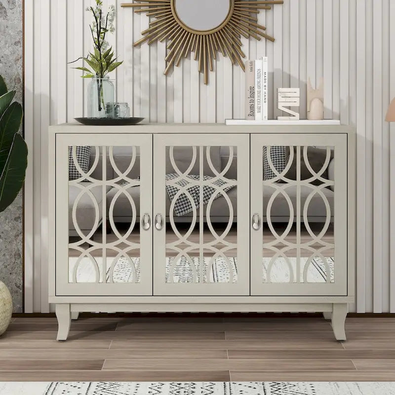 Sideboard Buffet Cabinet with 3 Mirrored Glass Doors and Silver Handle - 47.2L x 15.6W x 33.9H