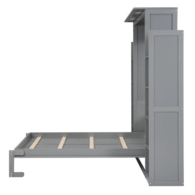 Full Size Wooden Murphy Bed Wall Bed with Shelves and LED Lights